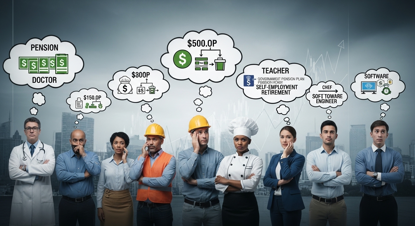 다양한 직업의 사람들이 연금저축과 IRP 통장 앞에서 고민하는 모습: 가입 대상과 세액공제 차이를 상징