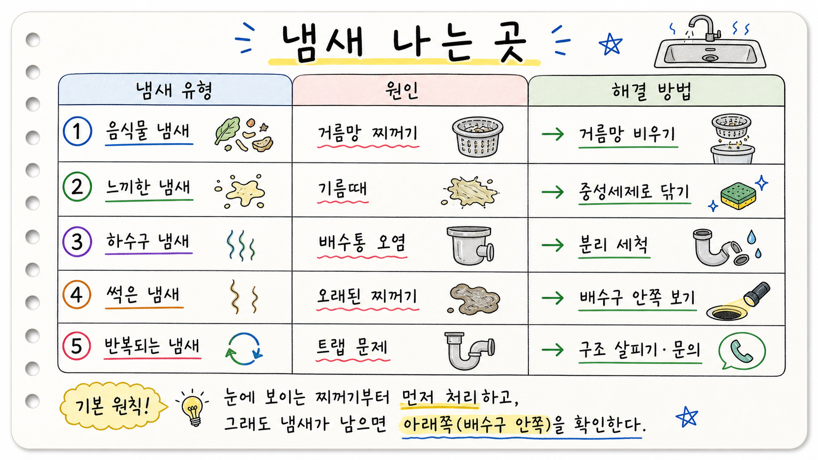 싱크대 냄새 유형별 원인과 처음 할 일을 정리한 손글씨 카드