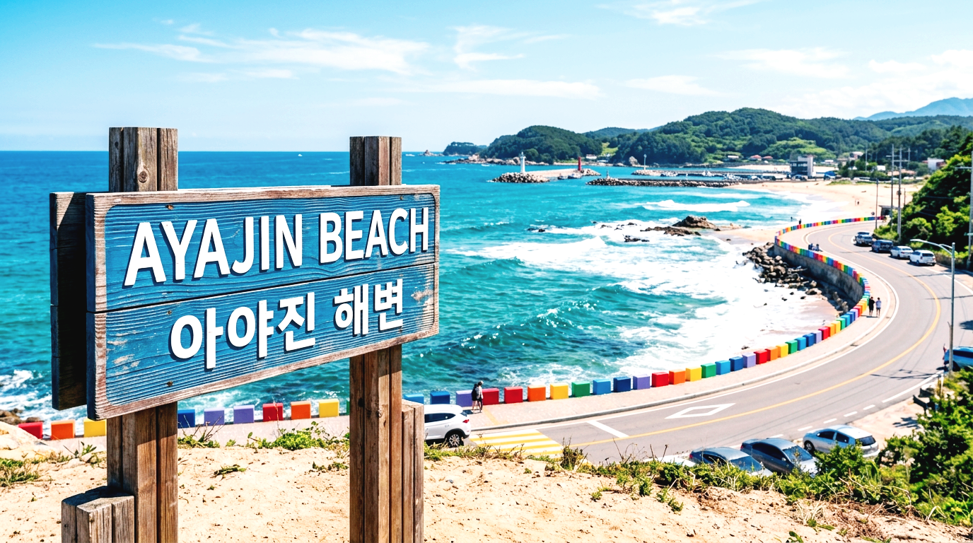 고성 아야진 해수욕장의 상징 조형물과 무지개해안도로 배경 사진