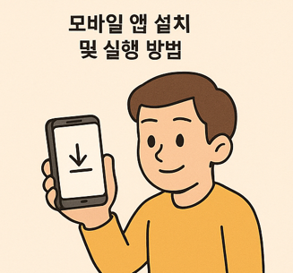 밝은 표정의 캐릭터가 스마트폰을 들고 다운로드 아이콘을 보여주는 장면