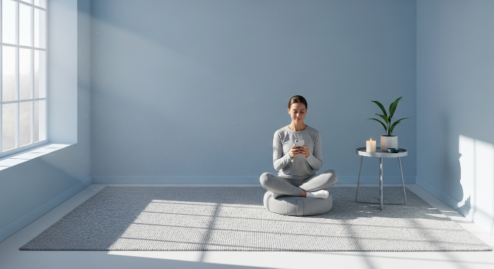 차분한 파란색과 회색 톤의 미니멀한 방, 한 사람이 편안한 자세로 앉아 스마트폰을 보며 명상 준비를 하고 있는 모습. 창밖으로는 부드러운 아침 햇살이 들어오고, 전체적으로 평화롭고 안정된 분위기.