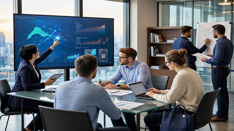 <img src="business-innovation.jpg" alt="AI 데이터를 바탕으로 전략을 논의하는 팀원들의 모습">