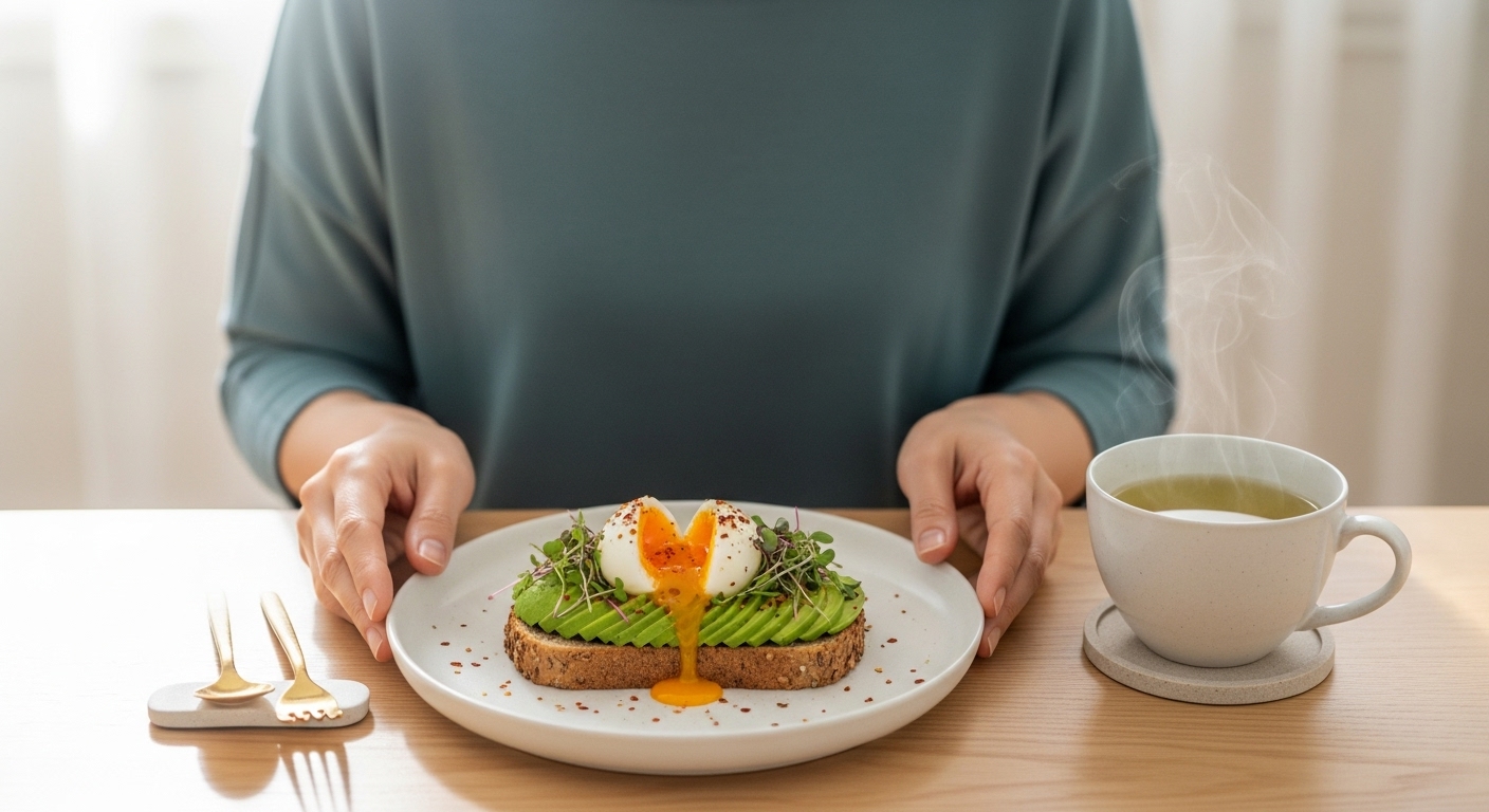 아보카도와 반숙 달걀이 올려진 통곡물 토스트와 녹차가 담긴 컵, 40대 한국 여성이 아침 식사를 준비하는 모습.
