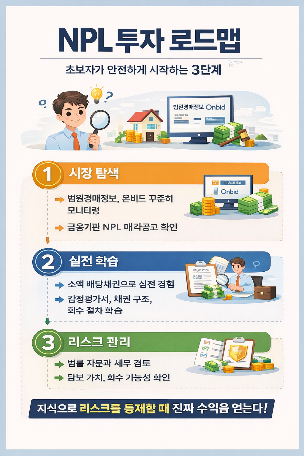 초보 투자자를 위한 NPL 부실채권 투자 시작 로드맵과 단계별 접근 방법을 정리한 안내 이미지