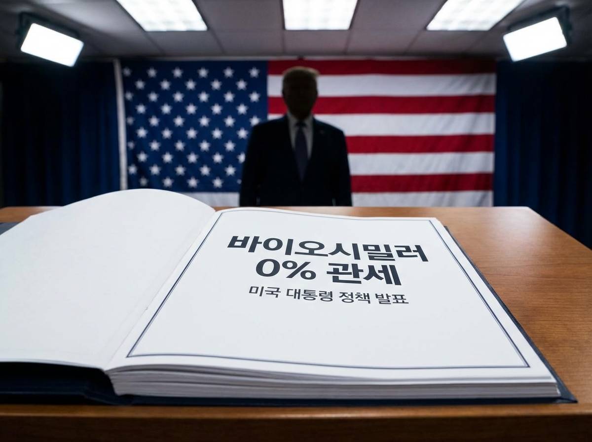 미국 대통령의 실루엣과 미국 국기를 배경으로, '바이오시밀러 0% 관세'라는 문구가 적힌 커다란 서류가 책상 위에 놓여 있는 뉴스 보도 스타일 이미지