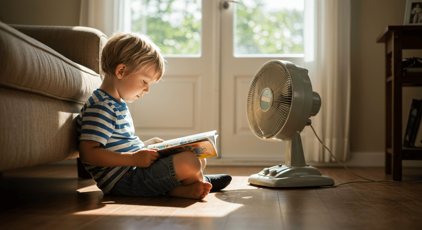 아이가 선풍기를 틀어놓고 책을 읽는 사진