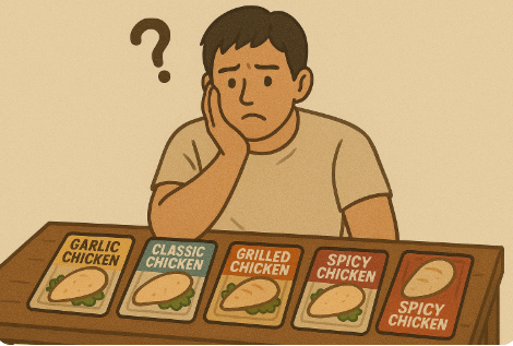 여러가지 닭가슴살을 놓고 고민하는 사람