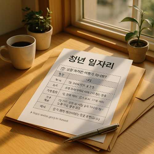 햇살이 비추는 책상 위의 청년 일자리 서류 이미지