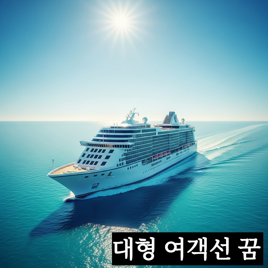 맑고 푸른 하늘 아래 광활하고 평온한 바다를 하얀 물보라를 일으키며 부드럽게 항해하는 대형 크루즈 여객선의 웅장하고 신비로운 일러스트