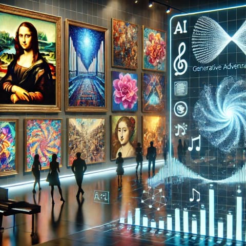 GAN이 생성한 화풍 모방 작품, DALL&middot;E/Midjourney로 생성된 이미지 샘플
AI 음악 작곡 관련 스크린샷, 음표 시각화 등
AI 예술 전시회나 갤러리에서 작품을 감상하는 모습