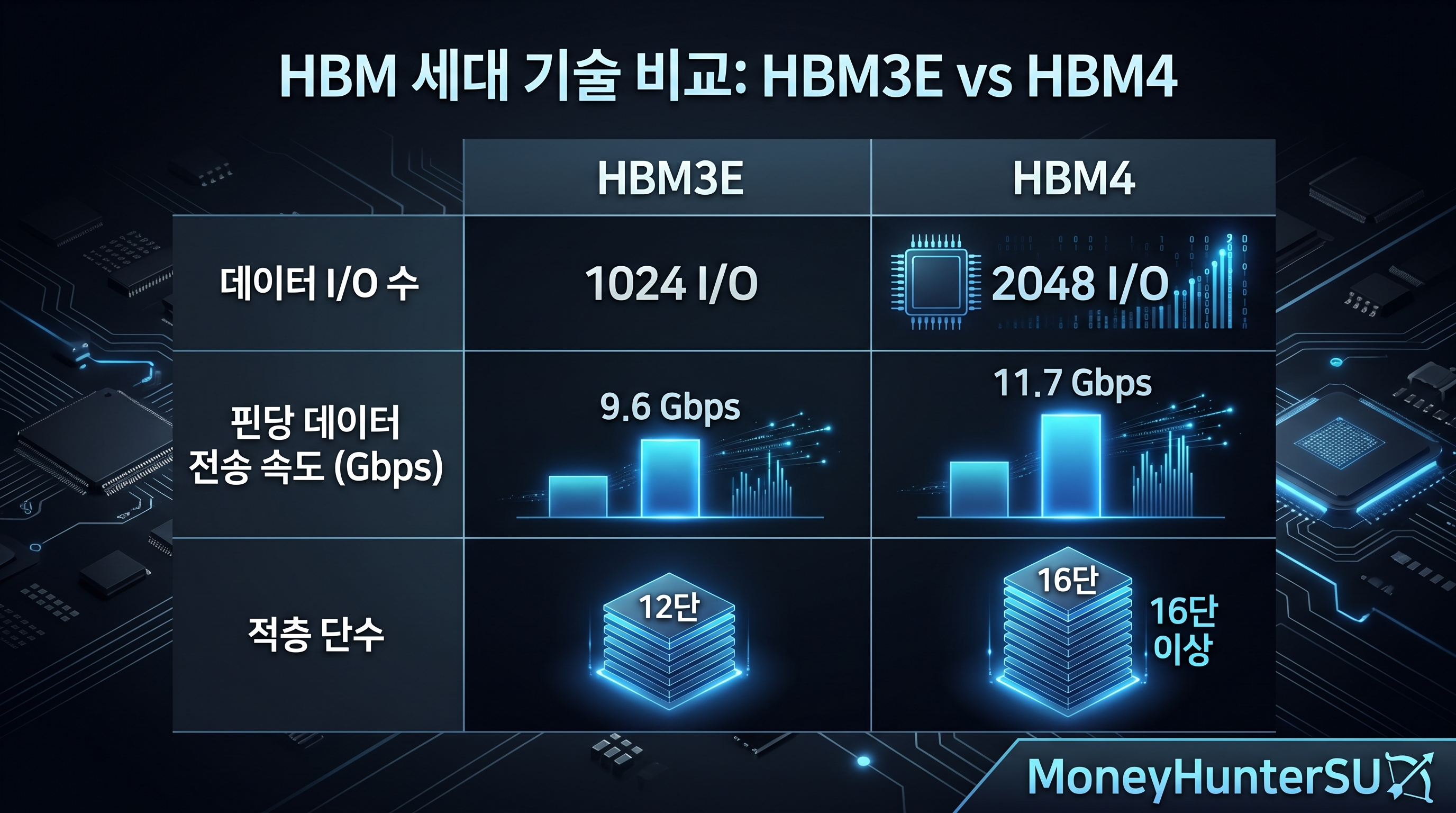 HBM 세대별 비교 HBM3E HBM4 핀속도 I/O 적층 단수 인포그래픽