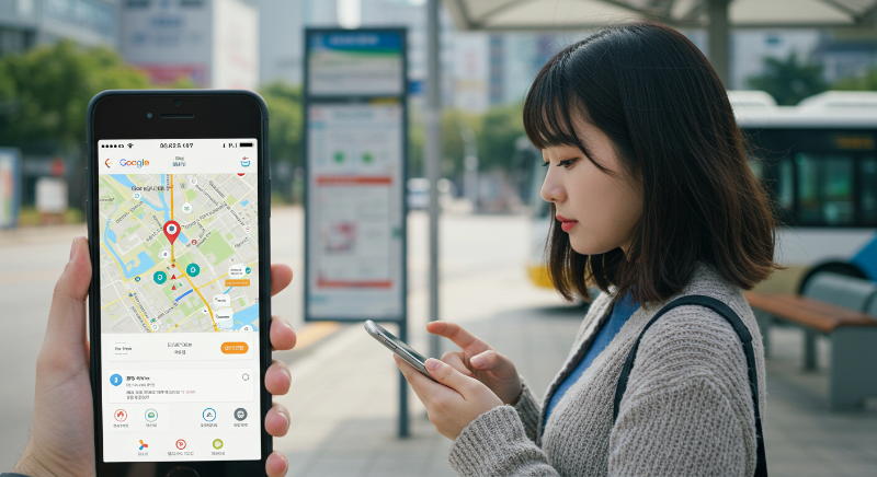 스마트폰으로 구글 맵, 시티매퍼 등 다양한 교통 앱을 활용하는 모습.