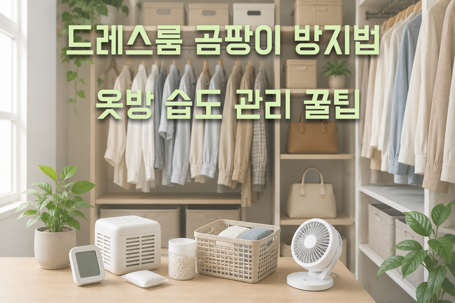여름철 드레스룸 습도 관리를 위한 디지털 습도계, 제습용품, 서큘레이터와 정리된 옷장이 있는 드레스룸 모습