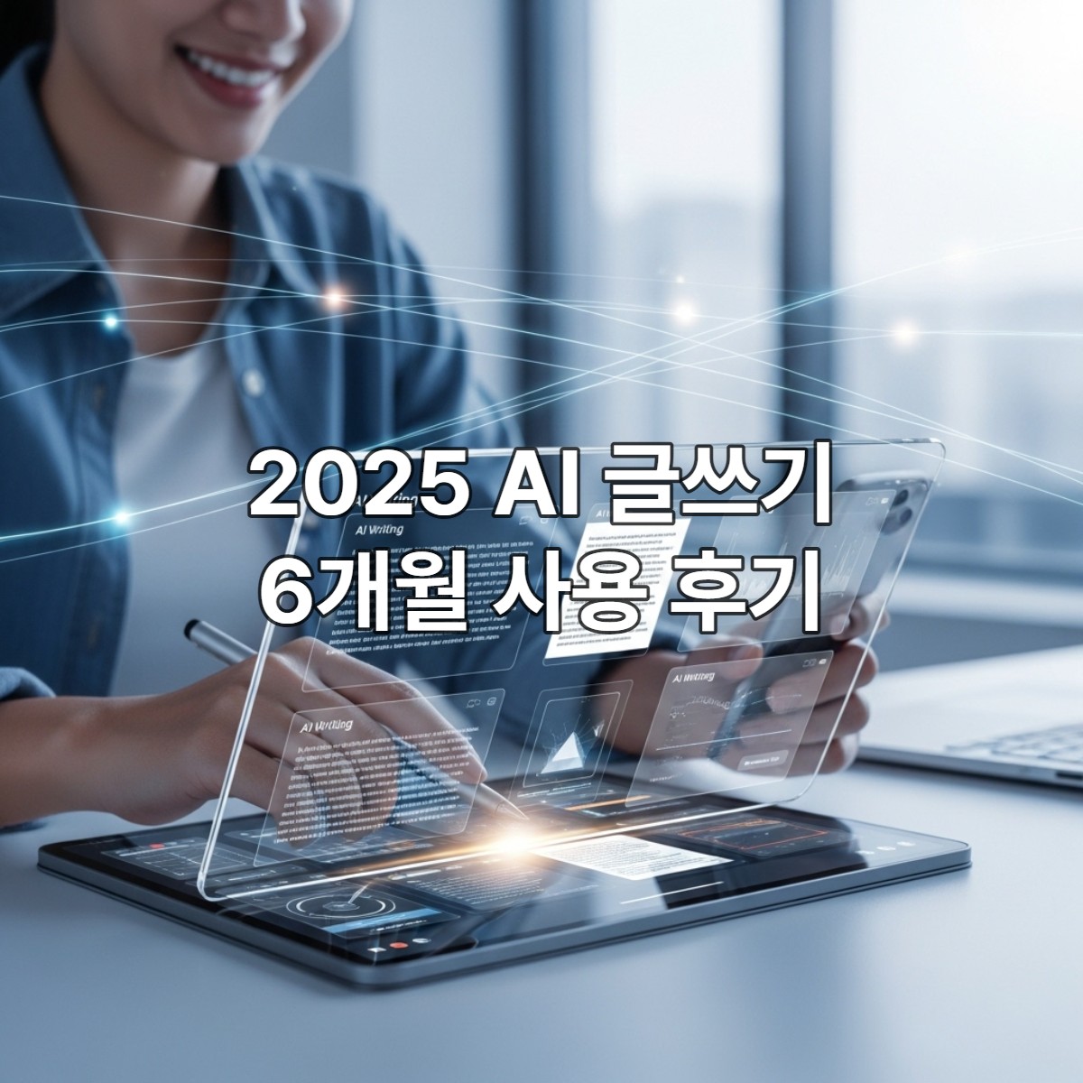 AI 글쓰기 도구를 활용하여 생산성을 높이는 모습. 한 사람이 미래적인 태블릿에서 AI 도구 인터페이스를 보며 효율적으로 작업하고 있다.