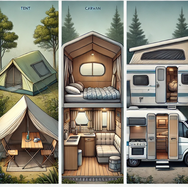 텐트 vs 카라반 vs 캠핑카 차이 사진