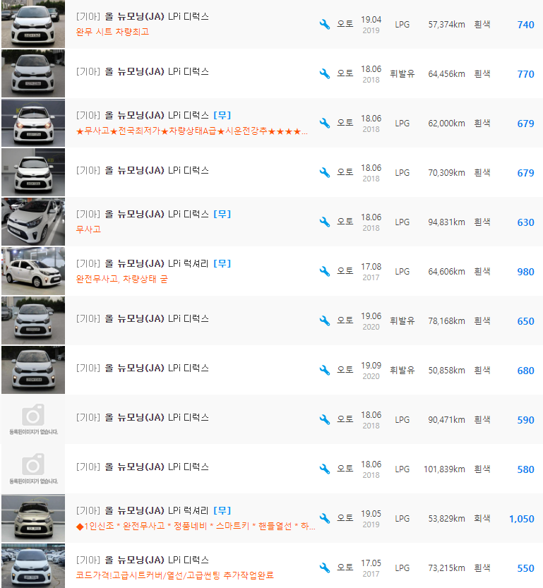 올 뉴 모닝 LPI 등급 중고차 시세 : 550만원 ~ 1,170만원