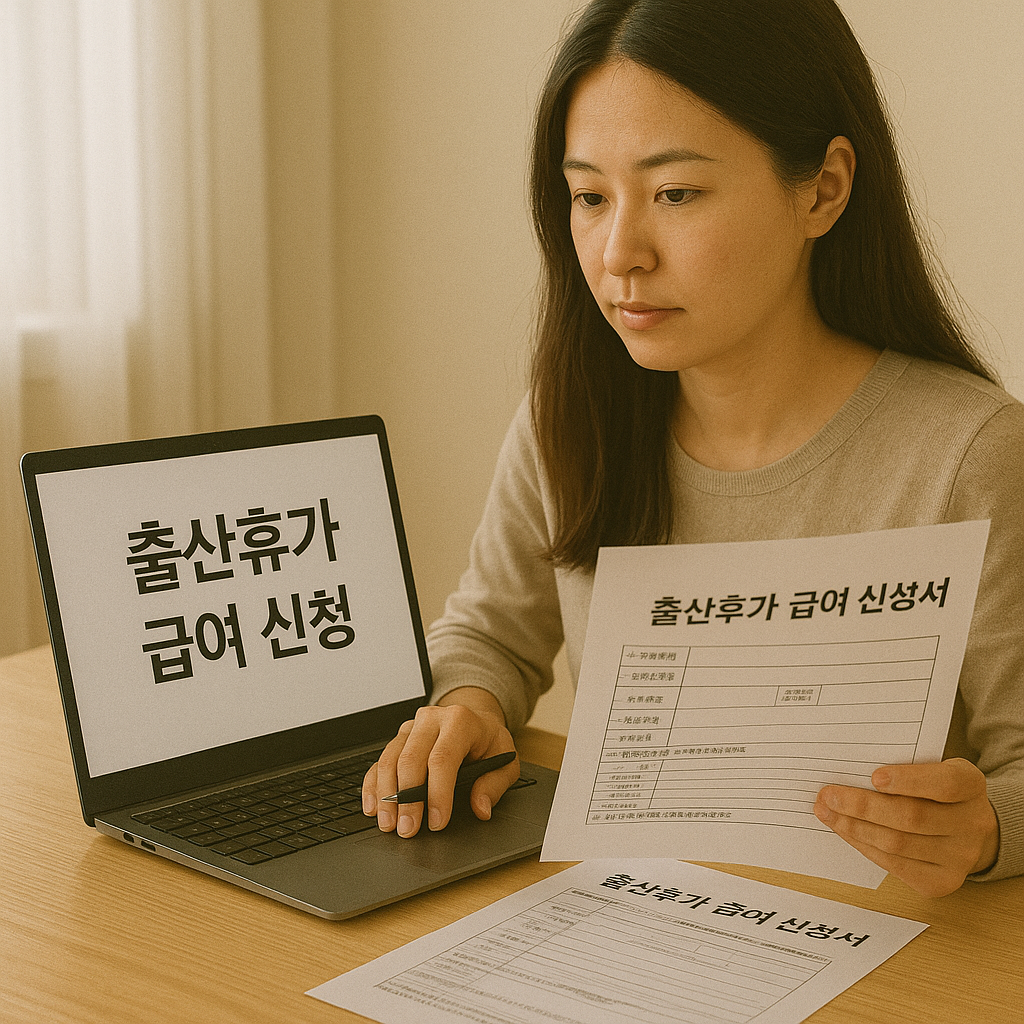 출산휴가 급여를 신청 중인 근로 여성이 노트북을 보며 서류를 준비하는 장면