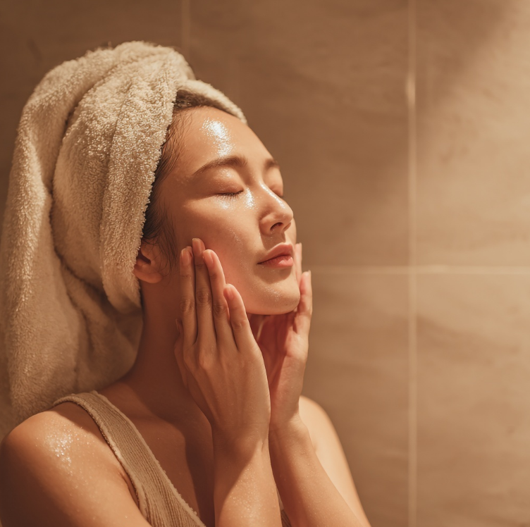 얼굴 붓기가 내려간후 거울을 보는 여성