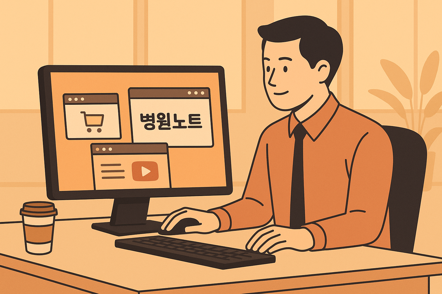 회사 몰래 부업을 하는 직장인의 모습 일러스트