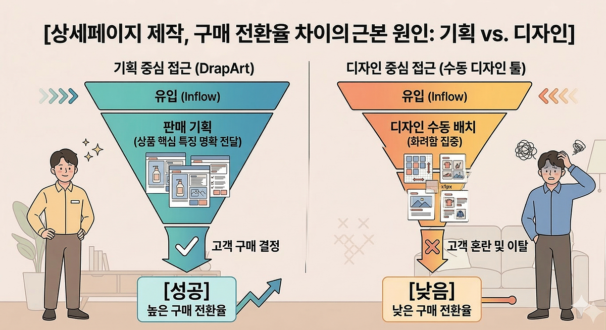 디자인보다 상세페이지 내 판매 기획이 구매 전환율에 미치는 중요성을 보여주는 도표