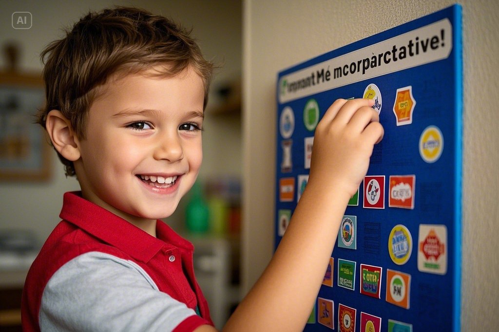 루틴을 지켜낸 아이가 보상 스티커를 붙이면 뿌듯해하는 모습