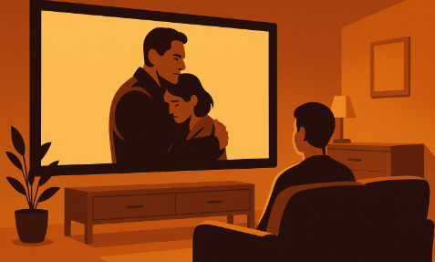 감동적인 실화 영화의 한 장면을 보고 있는 남성