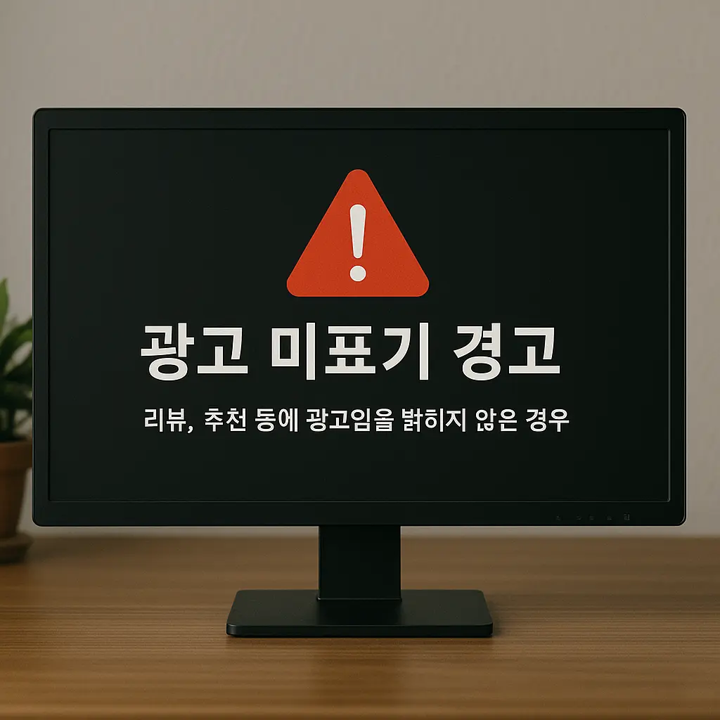 컴퓨터 모니터 화면에 '광고 미표기 경고' 메시지가 표시된 모습