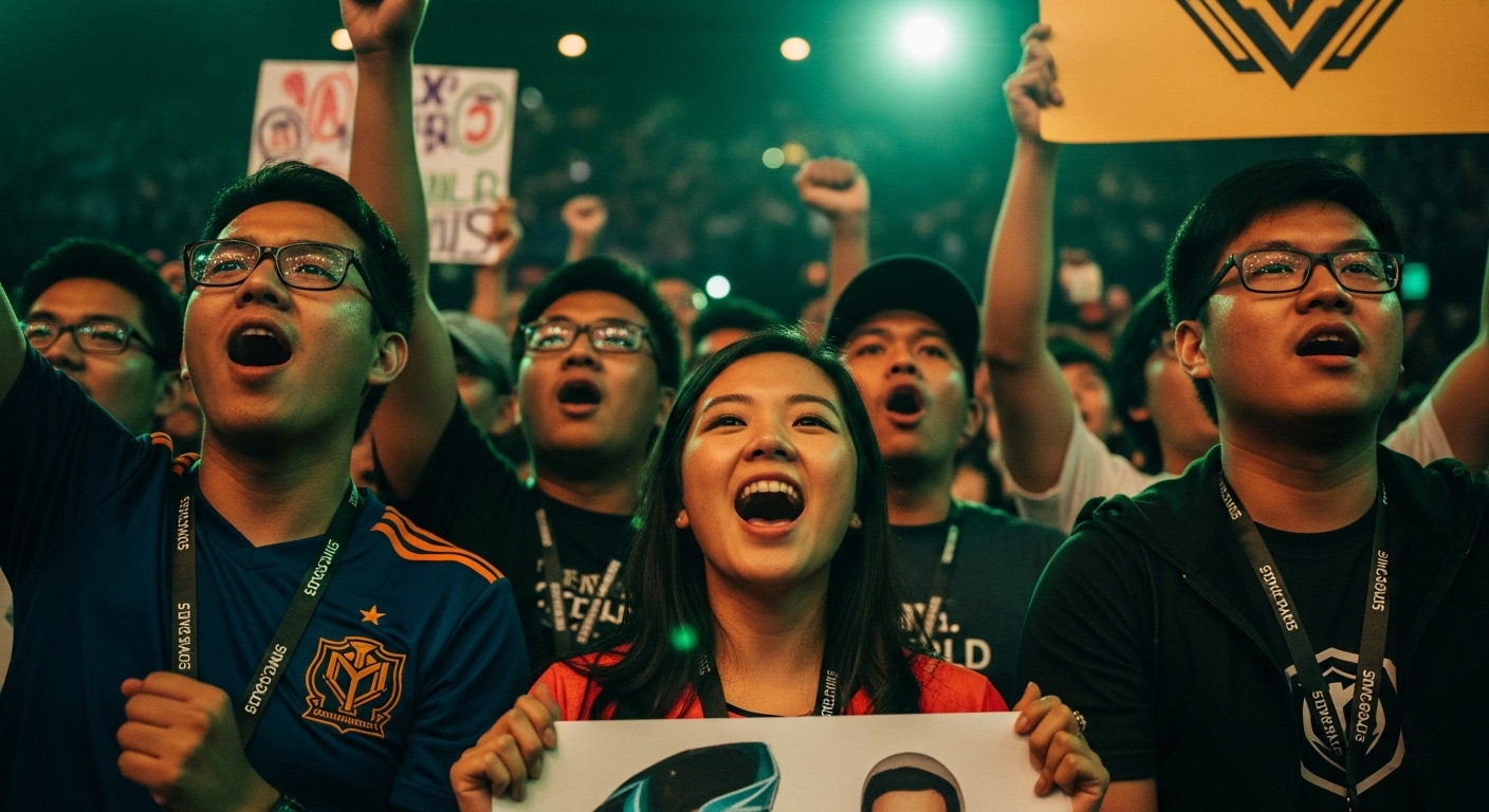 롤드컵 경기장에서 팀 유니폼을 입고 손수 만든 응원 문구를 든 채 열정적으로 환호하는 다양한 국적의 팬들의 얼굴, 배경에는 경기장의 밝은 조명이 보인다.