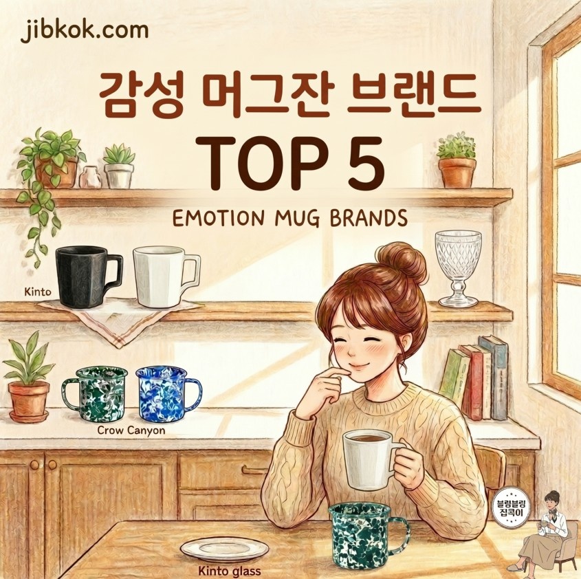예쁜 머그잔 일러스트가 놓인 테이블 앞에 올림머리를 한 여성이 앉아 있는 따뜻한 감성의 블로그 썸네일