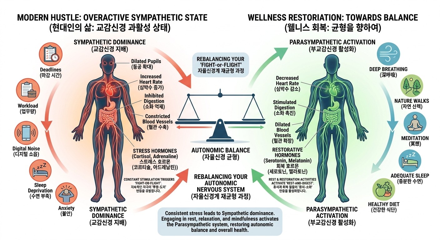 - 중앙 도식: 자율신경계의 핵심인 교감신경과 부교감신경이 마치 시소처럼 균형을 이루는 '자율신경 균형' 상태를 보여줍니다.
- 왼쪽 (교감신경 과활성): 현대인이 겪는 '투쟁-도피' 반응을 붉은색 톤으로 표현했습니다. 마감 시간, 디지털 소음, 수면 부족 등 지속적인 스트레스 자극이 어떻게 심박수 증가, 혈관 수축, 소화 억제 등을 유발하는지 시각화했습니다.
- 오른쪽 (부교감신경 활성화 및 회복): 이를 극복하기 위한 '휴식-소화' 반응을 푸른색과 녹색 톤으로 신선하게 표현했습니다. 심호흡, 명상, 자연 산책, 충분한 수면 등 회복 활동이 어떻게 심박수 감소, 혈관 확장, 소화 촉진 등을 통해 몸을 안정 모드로 전환하는지 도식화했습니다.
이미지 출처: Gemini Ai 생성