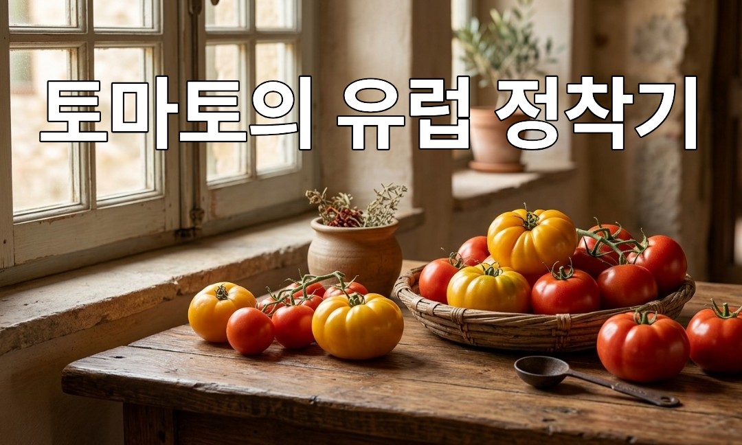 유럽풍 창가와 빈티지 테이블 위에 놓인 붉은 토마토와 황금빛 토마토 이미지