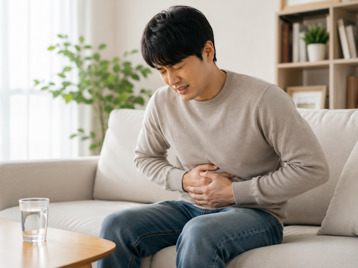 복부 팽만감과 더부룩함으로 불편함을 느끼는 모습