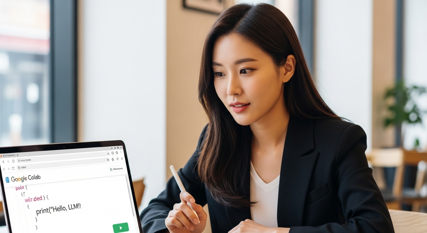 구글 코랩 화면을 보며 LLM 챗봇 개발 환경 설정을 이해하는 비전공자 한국 여성.