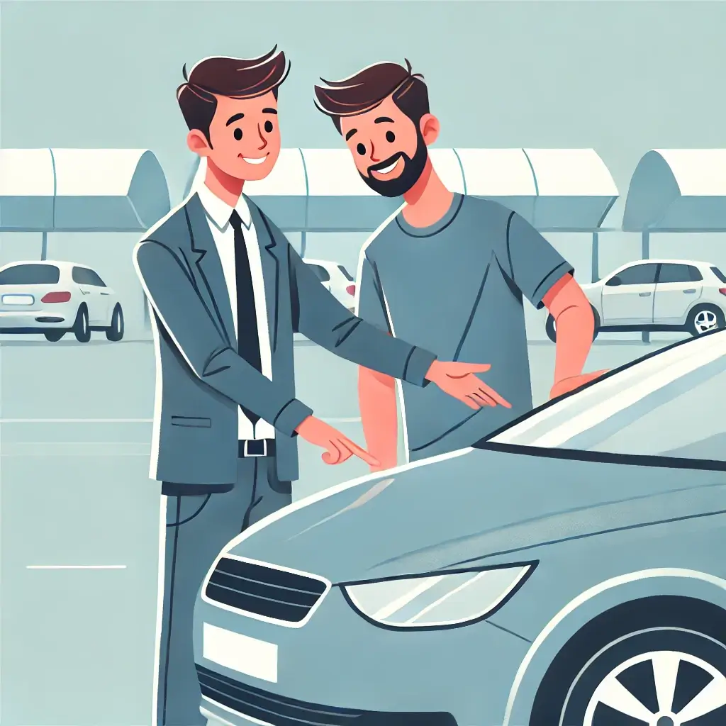 차량 외관을 꼼꼼히 검수하는 남자의 일러스트.