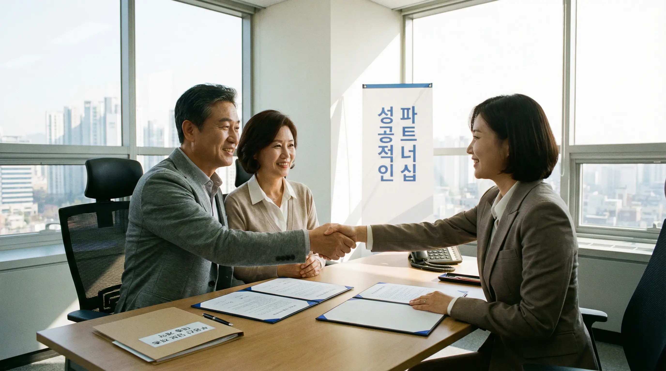 전문가와 상담하며 부동산 담보 대출 계약을 성공적으로 마치고 악수하는 신뢰감 있는 모습