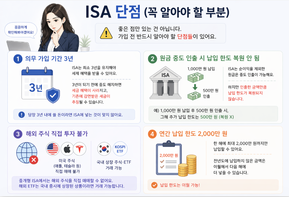 ISA 계좌 단점 정리 3년 의무 가입 납입 한도 2000만원 해외주식 제한 설명