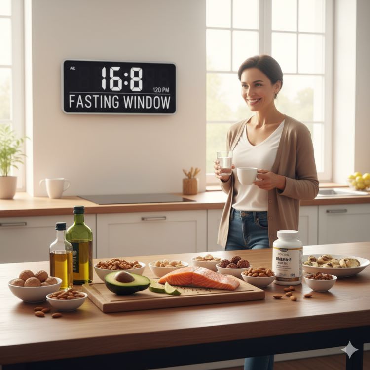 건강한 30대 직장인이 밝은 주방에서 간헐적 단식과 케토제닉 식단을 실천하는 라이프스타일 컨셉 이미지. 테이블 위에는 아보카도, 연어, 올리브오일, 견과류, MCT 오일 등 건강한 지방 식품들과 오메가-3 등 보충제 병들이 정갈하게 배치. 배경에는 시계가 16:8 단식 시간을 표시하고, 전체적으로 최적화된 뇌 건강을 위한 통합적 접근을 보여주는 현대적이고 깔끔한 이미지