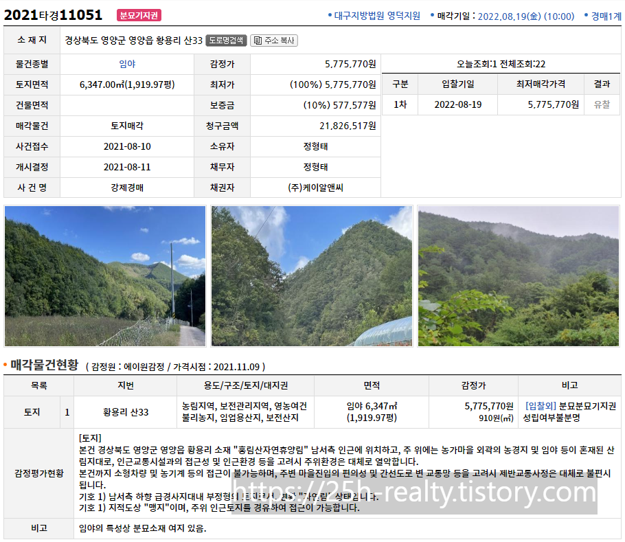 2021타경11051. 경상북도 영양군 영양읍 황용리 산33. 임야매물