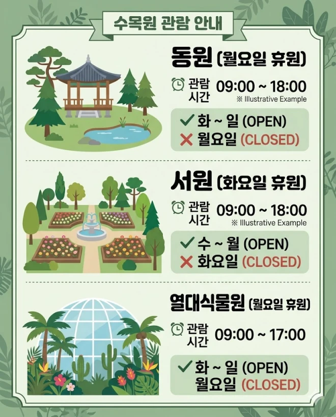 한밭수목원 동원·서원·열대식물원 운영시간 및 휴원일 인포그래픽