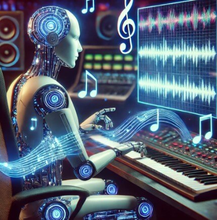 AI 로봇이 음악을 작곡하는 모습을 시각적으로 표현한 이미지