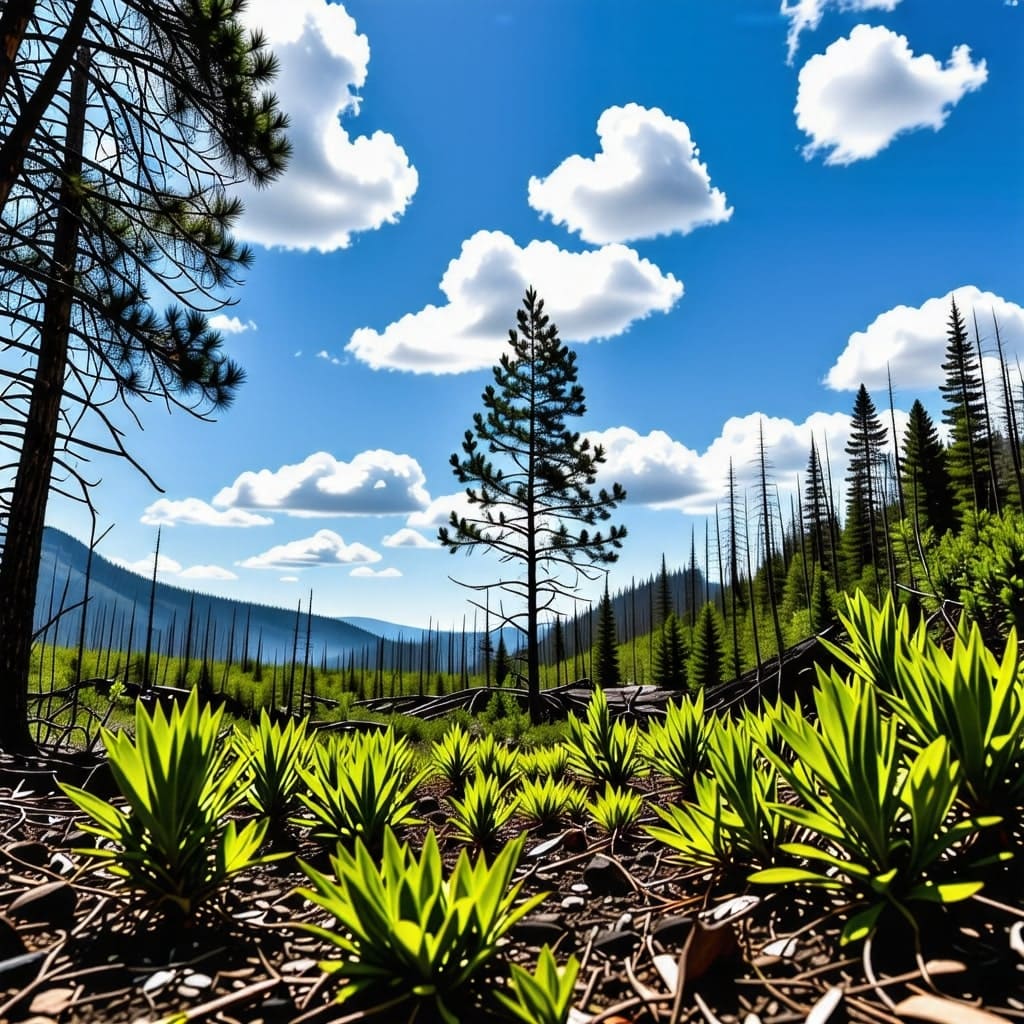 산불로 인해 변화된 경관. 회복된 숲과 그 주변 환경의 변화.
