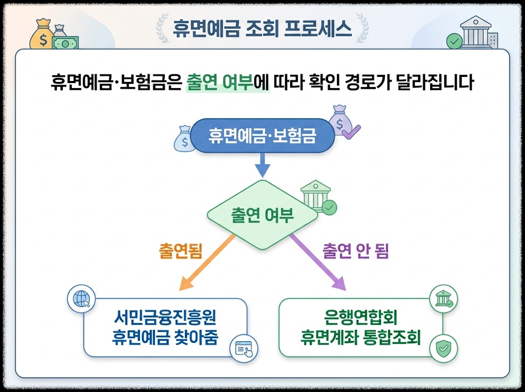 휴면예금&middot;보험금이 출연 여부에 따라 서민금융진흥원 휴면예금 찾아줌 또는 은행연합회 휴면계좌 통합조회로 나뉘는 흐름도