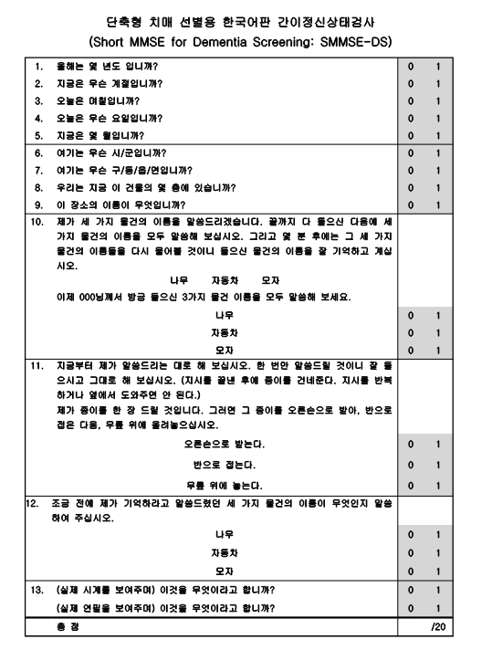 단축형 치매 선별 검사지