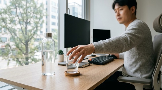 물병과 컵을 두고 수분 섭취를 실천하는 장면