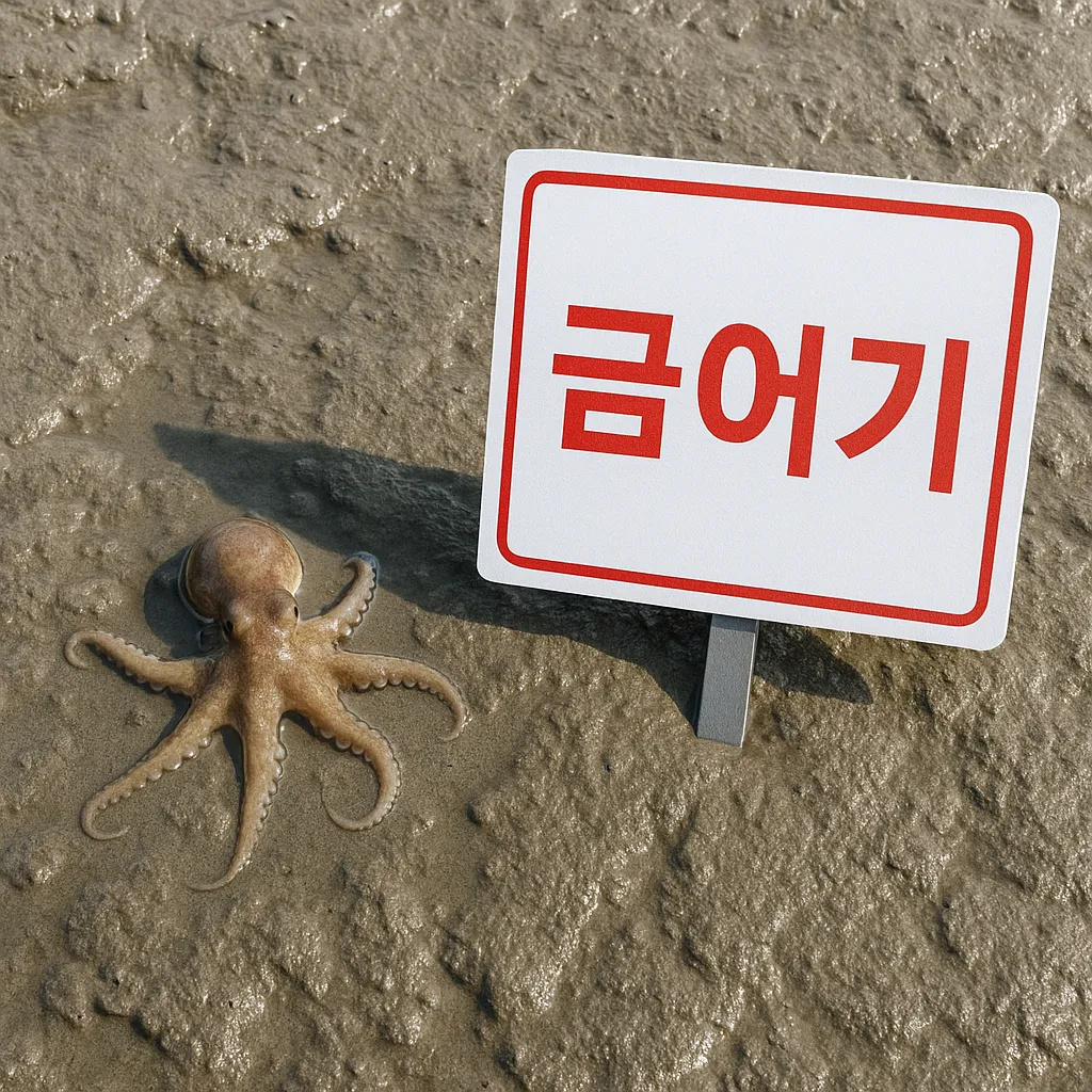 갯벌 위 작은 낙지 옆에 금어기 안내 표지판이 세워진 모습