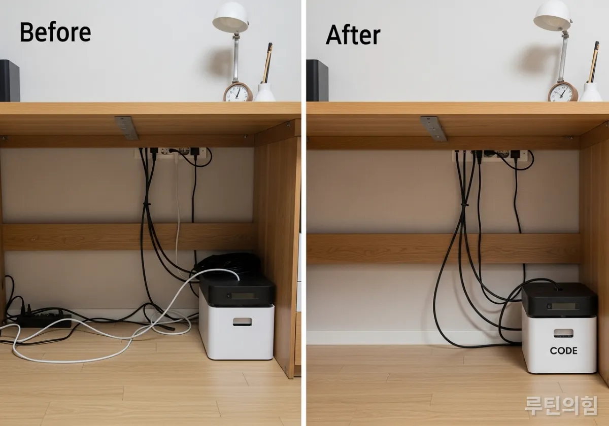 집중력을 방해하는 전선을 깔끔하게 정리한 모습
