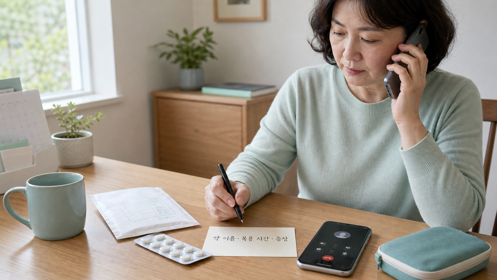 약 부작용 의심될 때 약 이름 복용 시간 증상을 적고 병원에 연락하는 장면