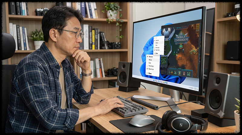 Alt + Space 시스템 메뉴의 이동 기능으로 화면 밖 창을 방향키로 옮기는 모습