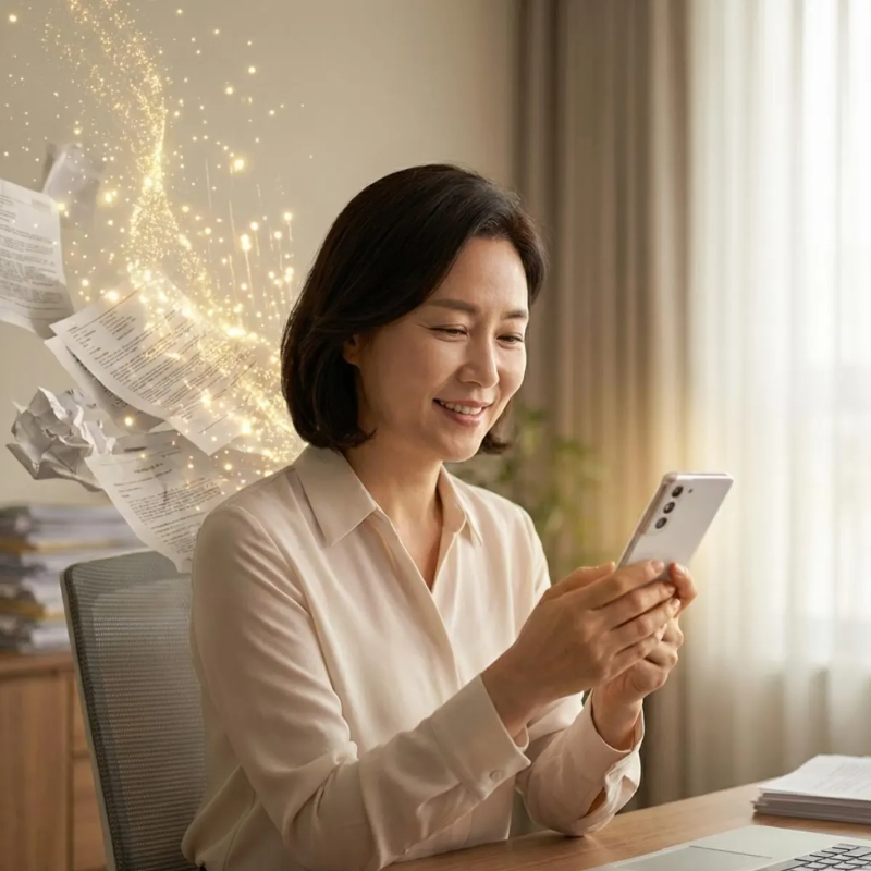 안심상속 원스톱 서비스로 부모님 숨은 보험금을 간편하게 확인하고 안도하는 4050 상속인의 모습