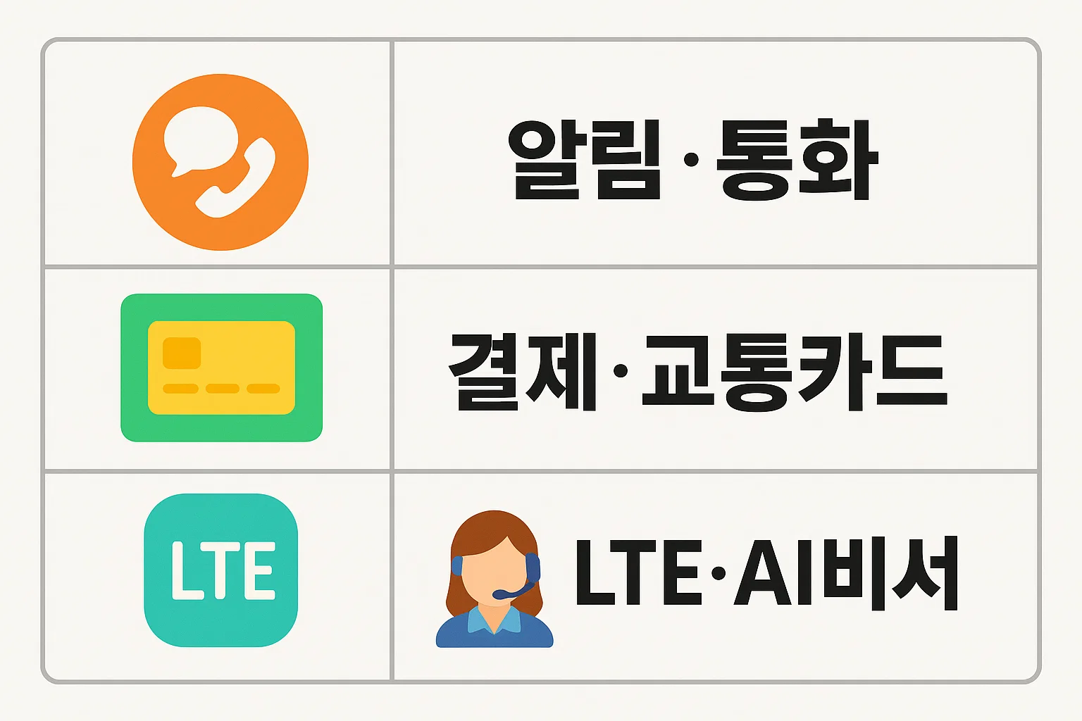 스마트워치에서 활용되는 알림과 통화 기능, 간편결제 및 교통카드, LTE 단독 통신, AI 비서 활용 등 일상생활과 생산성을 높여주는 기능들을 직관적인 아이콘으로 정리한 안내형 인포그래픽입니다.